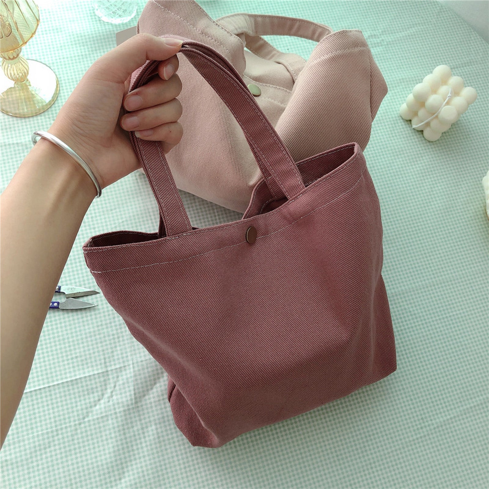 561 Solid Color Canvas Tote Bag Snap Button Small Handbag for Travel Shopping 561 Solid Color Canvas Tote Bag Snap Button Small Handbag for Travel Shopping